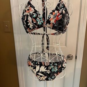 Kenneth Cole New York Black Floral Bikini with Coral & Teal Accents